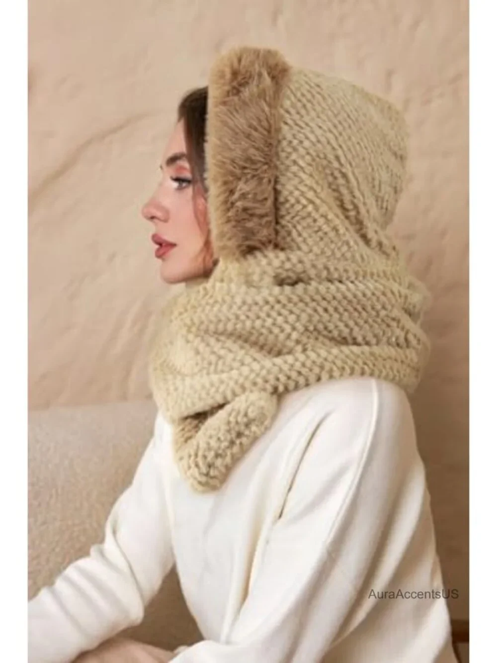 3-in-1 Hooded Scarf Hat with Mitten Pockets, Acrylic Knit Winter Accessory